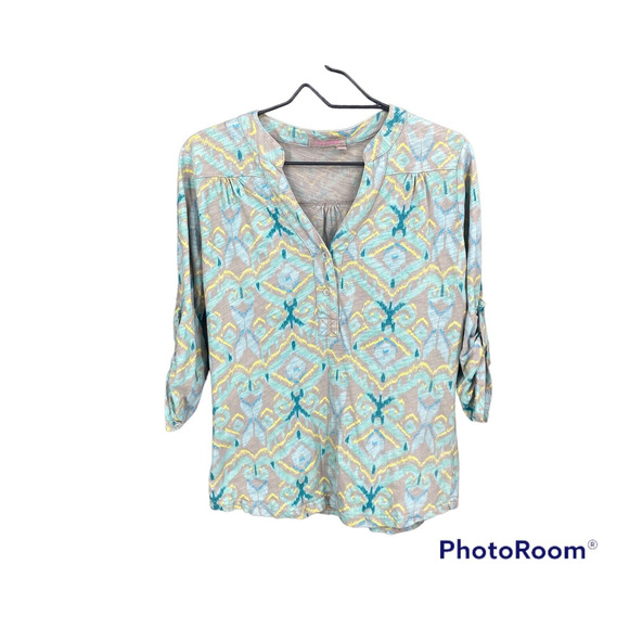 fresh produce Tops - Fresh Produce Women's Ikat Pattern Roll Tab Sleeve Shirt Size XS V Neck Tan Teal